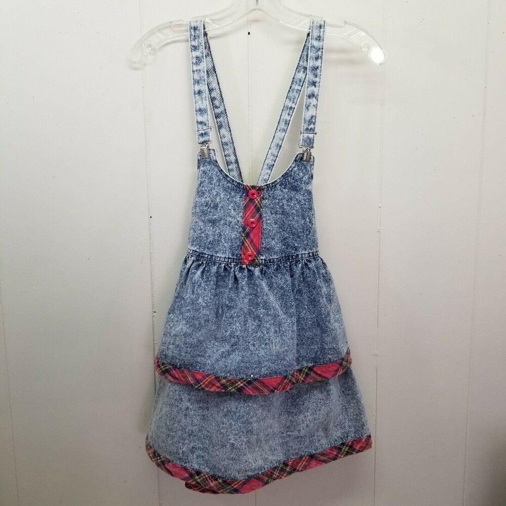 Vintage Acid Wash Denim‎ Blue Jean Plaid Trim Overall Jumper Dress Girls 10